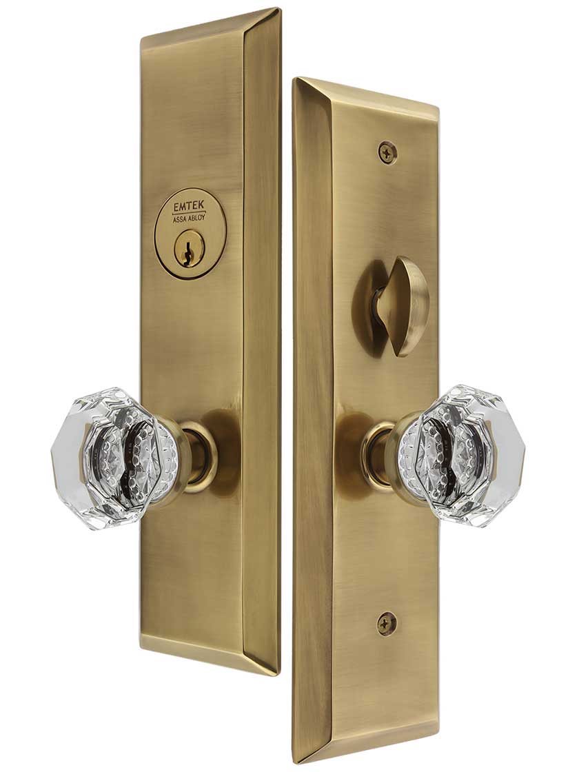 Harrison Mortise Entry Set with Old Town Crystal-Glass Knobs Left Handed in Antique Brass.